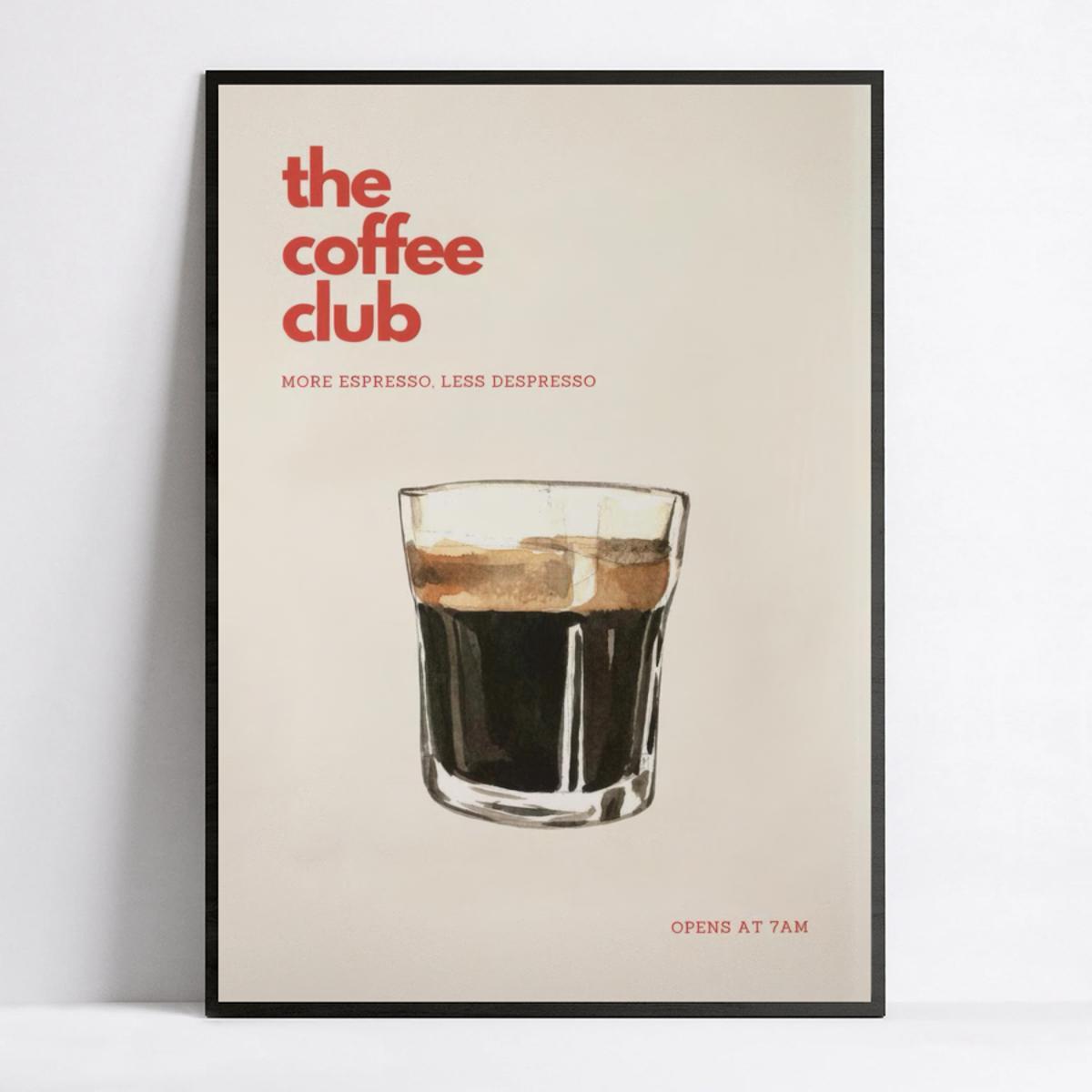 Affiche The Coffee Club, vintage et stylée, idéale pour une cuisine chaleureuse et accueillante.