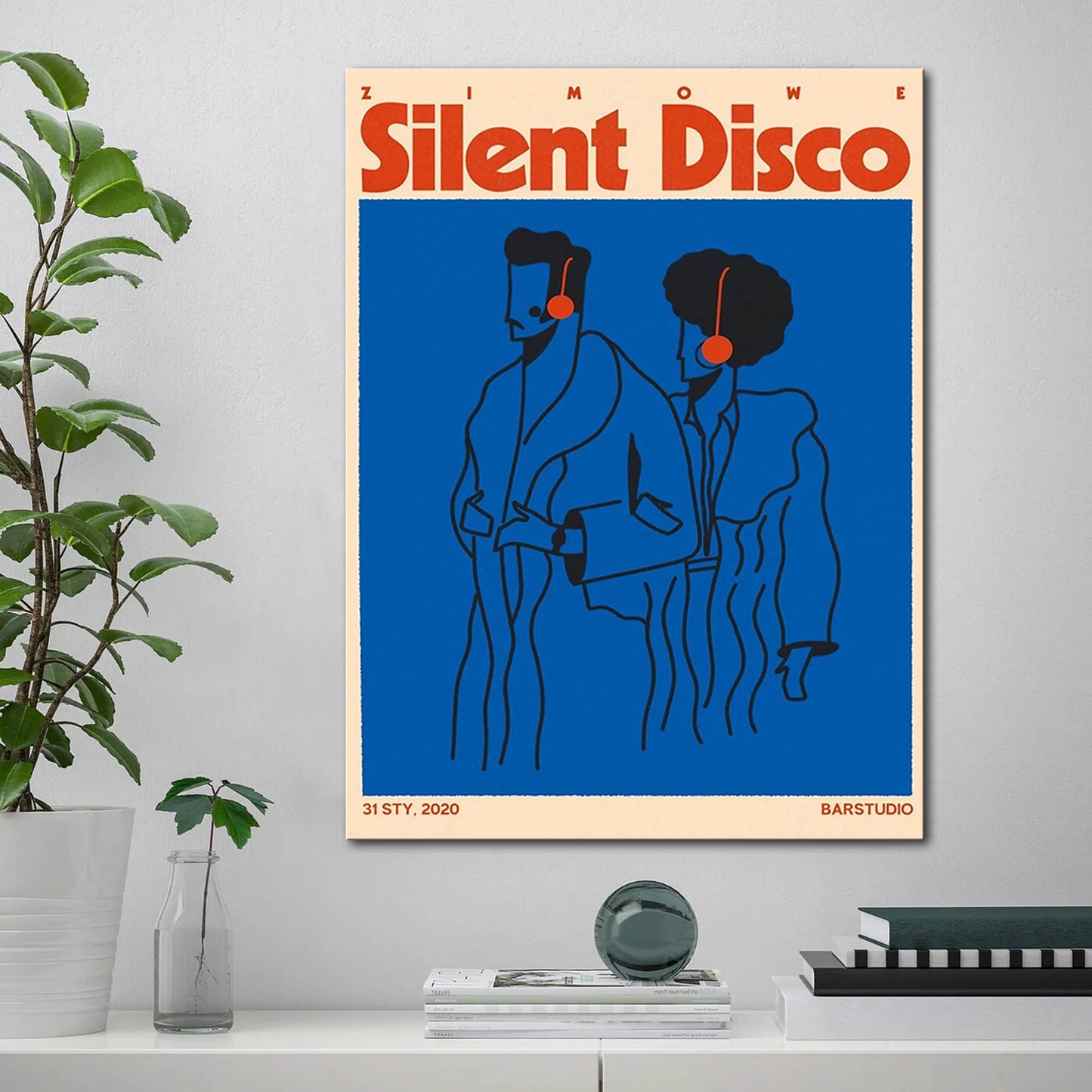 Affiche Silent Disco vintage, design minimaliste, ajoutant une touche rétro et chaleureuse à votre déco.