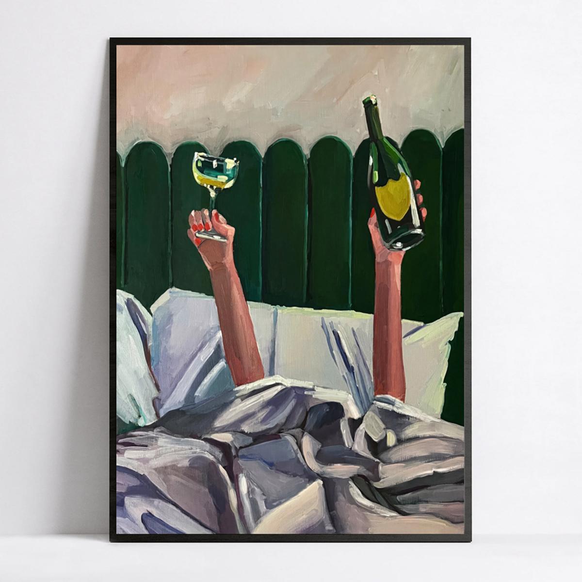 Affiche vin au lit : une touche feel good et féministe pour une chambre retro et chaleureuse.