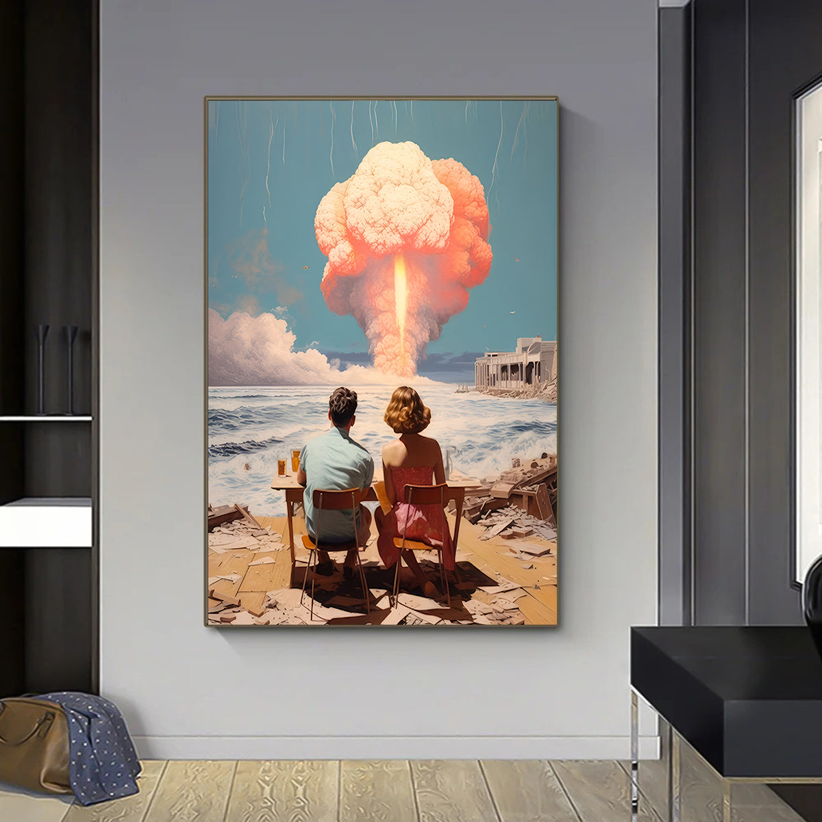 Affiche fin du monde : couple face à une explosion, reflet d'une guerre nucléaire apocalyptique.