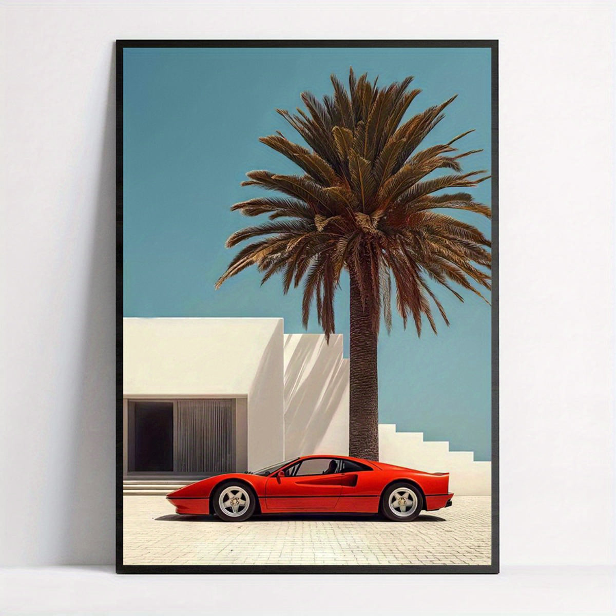 Affiche Ferrari vintage évoquant une ambiance chaleureuse, avec une F40 sous une palme.