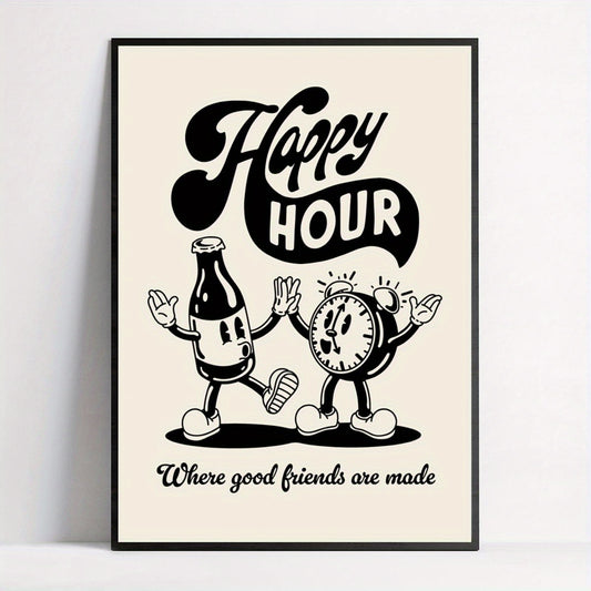 Affiche Happy Hour vintage : Amis, cocktails et moments joyeux dans une ambiance humoristique.