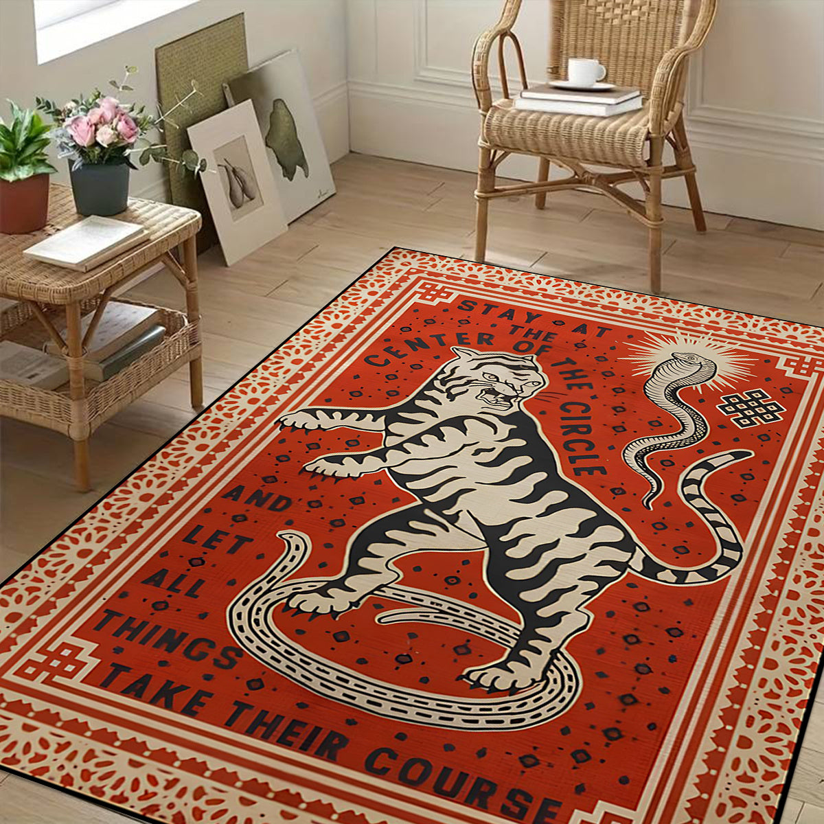 Tapis tigre du Bengale vintage, design artistique, lavable pour un intérieur chaleureux et moderne.