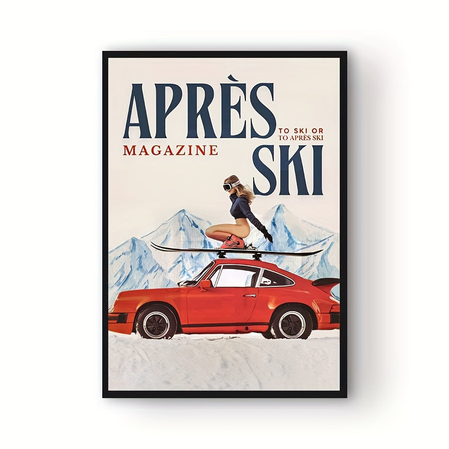 Affiche après ski vintage, voiture rouge sur les pistes, ambiance rétro et chaleureuse.