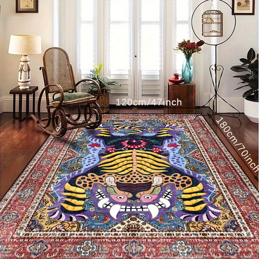 Tapis tigre vintage coloré, un design chaleureux pour un salon unique et accueillant des années 80.