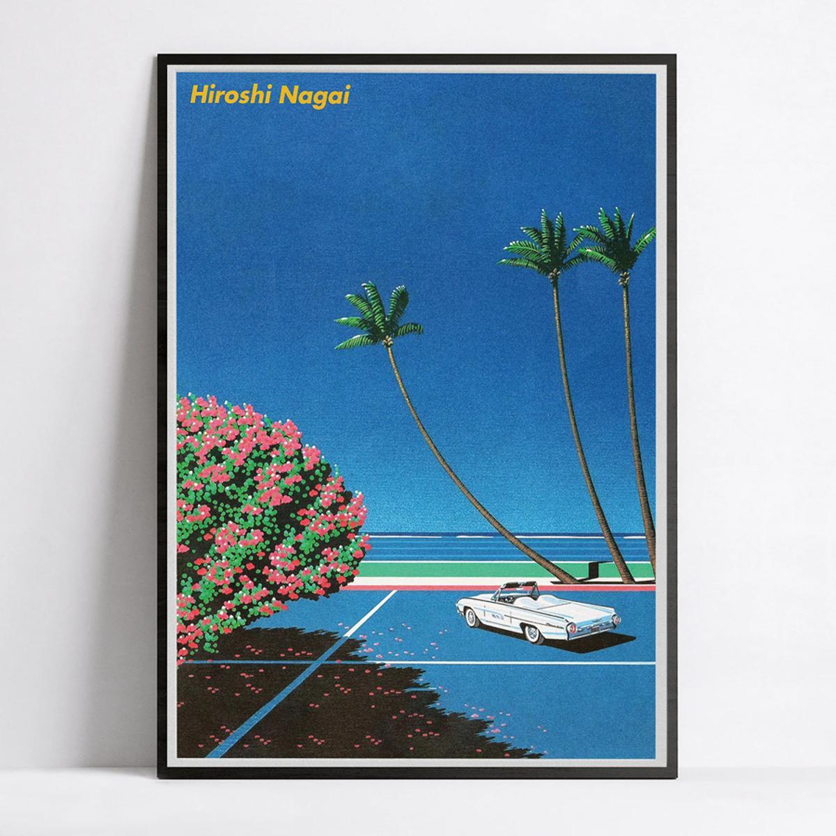 Affiche Californie avec palmiers et voiture rétro, une vibe vintage qui invite à la plage.