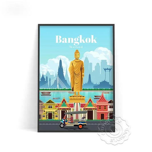 Affiche Bangkok vintage, art moderne et design, capturant la beauté chaleureuse de la ville.