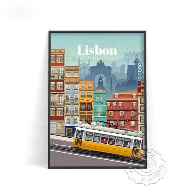 Affiche Lisbonne vintage : tramway jaune, art moderne pour une décoration chaleureuse et stylée.