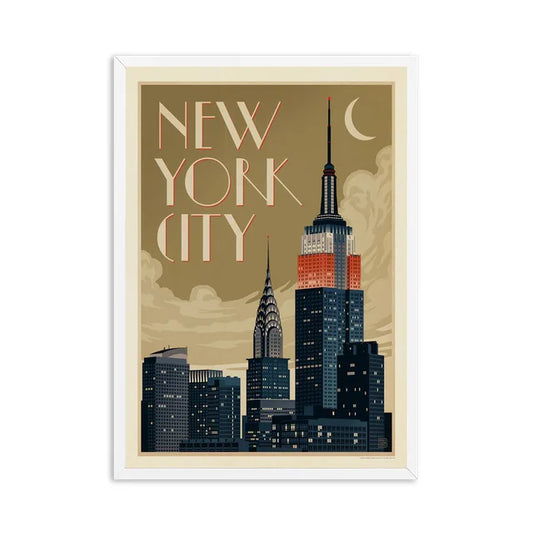 Affiche New York - Ville Éclairée la Nuit, un design vintage créant une atmosphère chaleureuse.