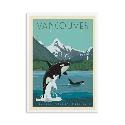 Affiche Vancouver vintage avec orques, montagnes, et une ambiance moderne et chaleureuse.