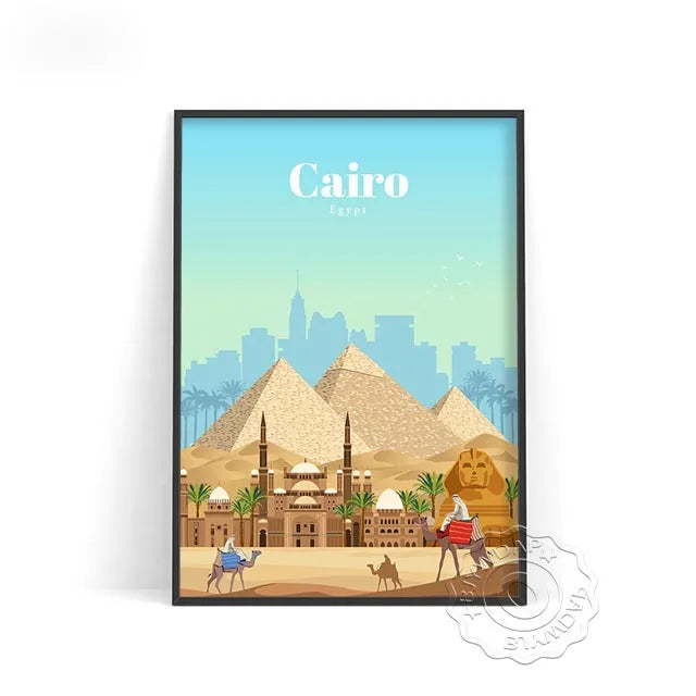 Affiche Le Caire : design vintage moderne avec pyramides, pour une décoration chaleureuse.