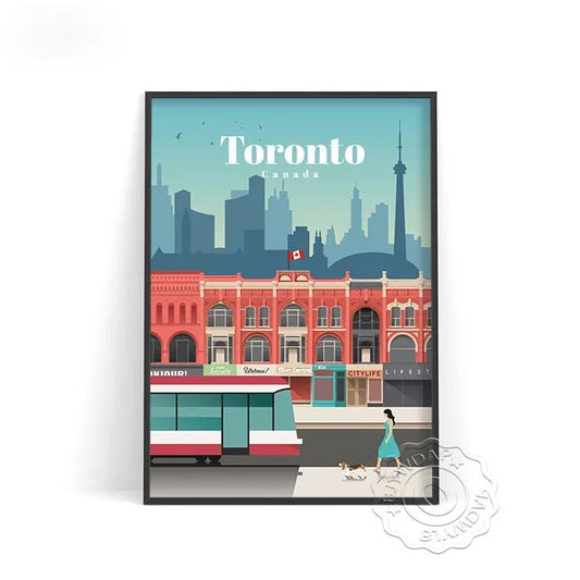 Affiche Toronto vintage avec tramway et skyline, un design moderne pour une décoration chaleureuse.