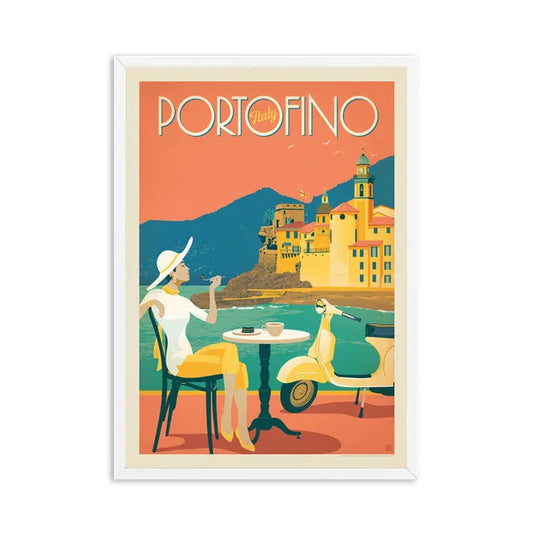 Affiche Portofino : élégante femme au café, vespa vintage, charme du design art moderne.