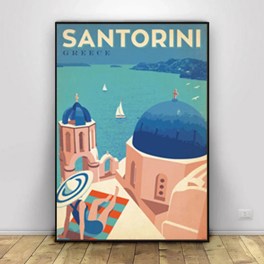 Affiche Santorini, évasion vintage en Grèce, art moderne pour une déco chaleureuse et design.