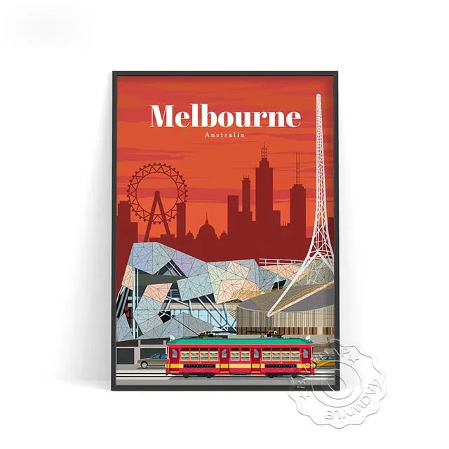 Affiche Melbourne – Tramway et skyline australien, un design vintage et moderne pour votre décoration.