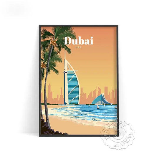 Affiche Dubai : un design vintage évoquant la plage et l'élégance de cette ville moderne.