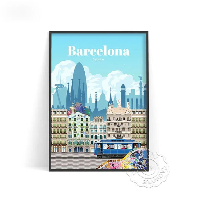 Affiche Barcelone, art moderne et vintage, design chaleureux pour décorer votre espace avec style.