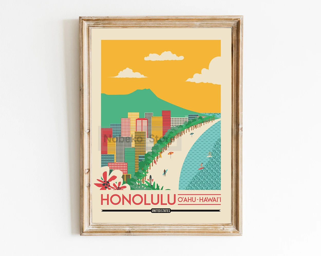 Affiche Honolulu, art moderne et vintage, évoque la chaleur des plages et l'énergie des villes.