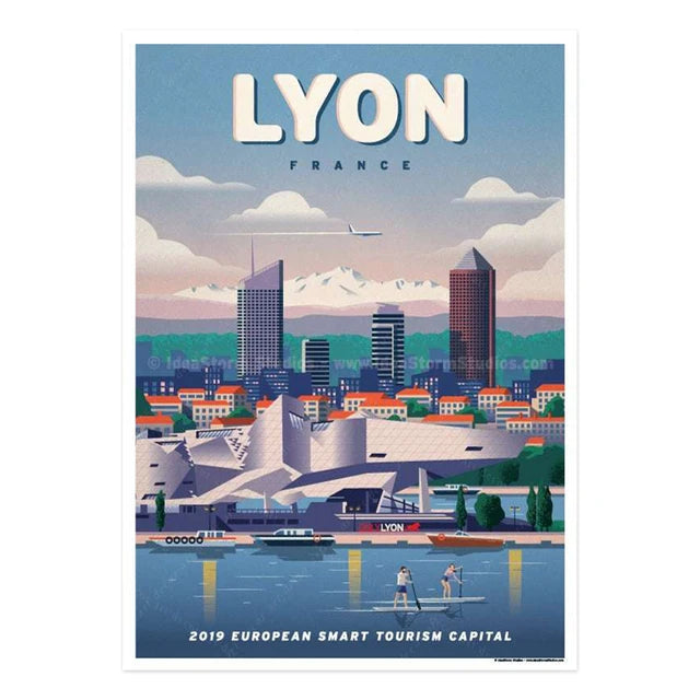 Affiche Lyon, design moderne et vintage, capturant la chaleur et l'innovation de la ville.