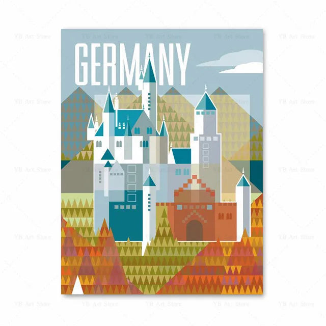 Affiche Allemagne : Château et paysages colorés, affiche vintage et design moderne pour un style chaleureux.