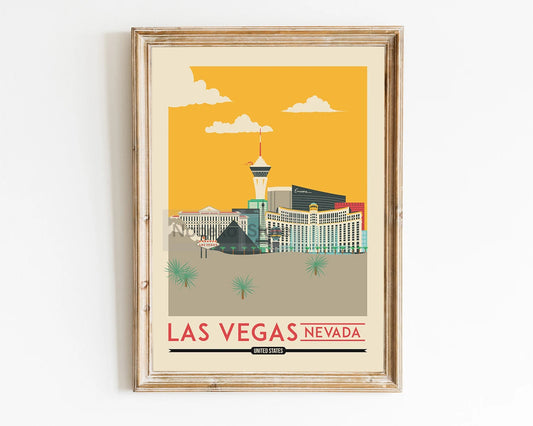 Affiche Las Vegas vintage, art moderne, design élégant, évoquant la chaleur de cette ville iconique.