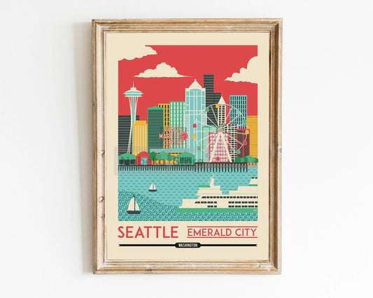 Affiche Seattle - Ville Émeraude Colorée, art moderne et vintage pour une déco élégante et chaleureuse.