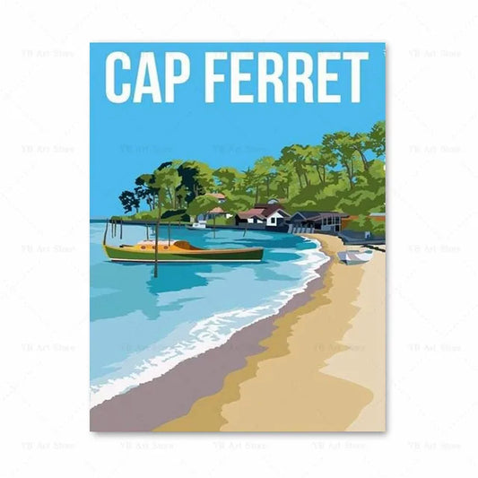 Affiche Cap Ferret vintage, design moderne représentant plage et bateaux, ambiance chaleureuse et cosy.