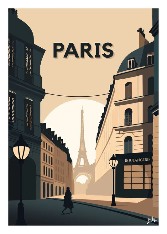 Affiche Paris vintage moderne, Promenade à la Tour Eiffel, design chaleureux et urbain.