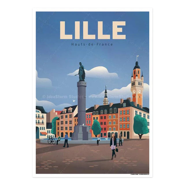 Affiche Lille vintage, design moderne, capturant la beauté de l'architecture historique de la ville.