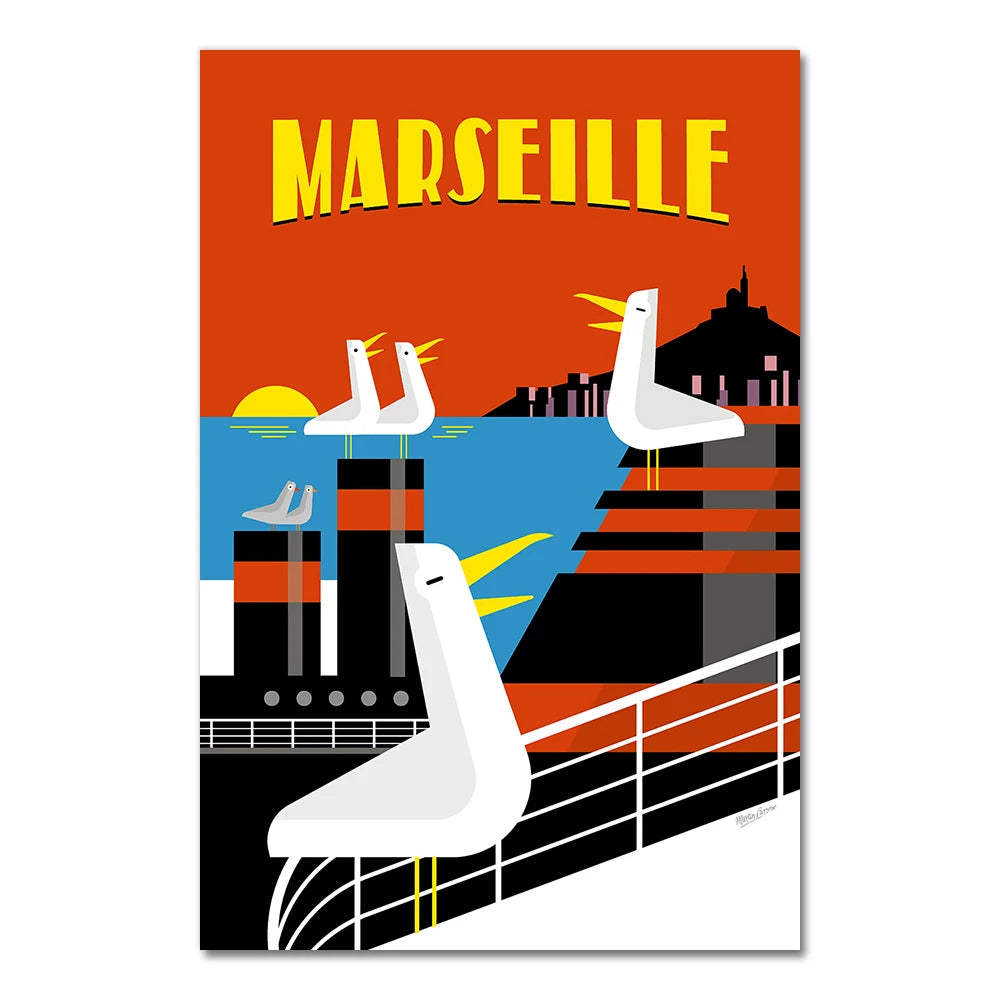 Affiche Marseille - Les Mouettes Rient, un design vintage moderne pour une décoration chaleureuse.