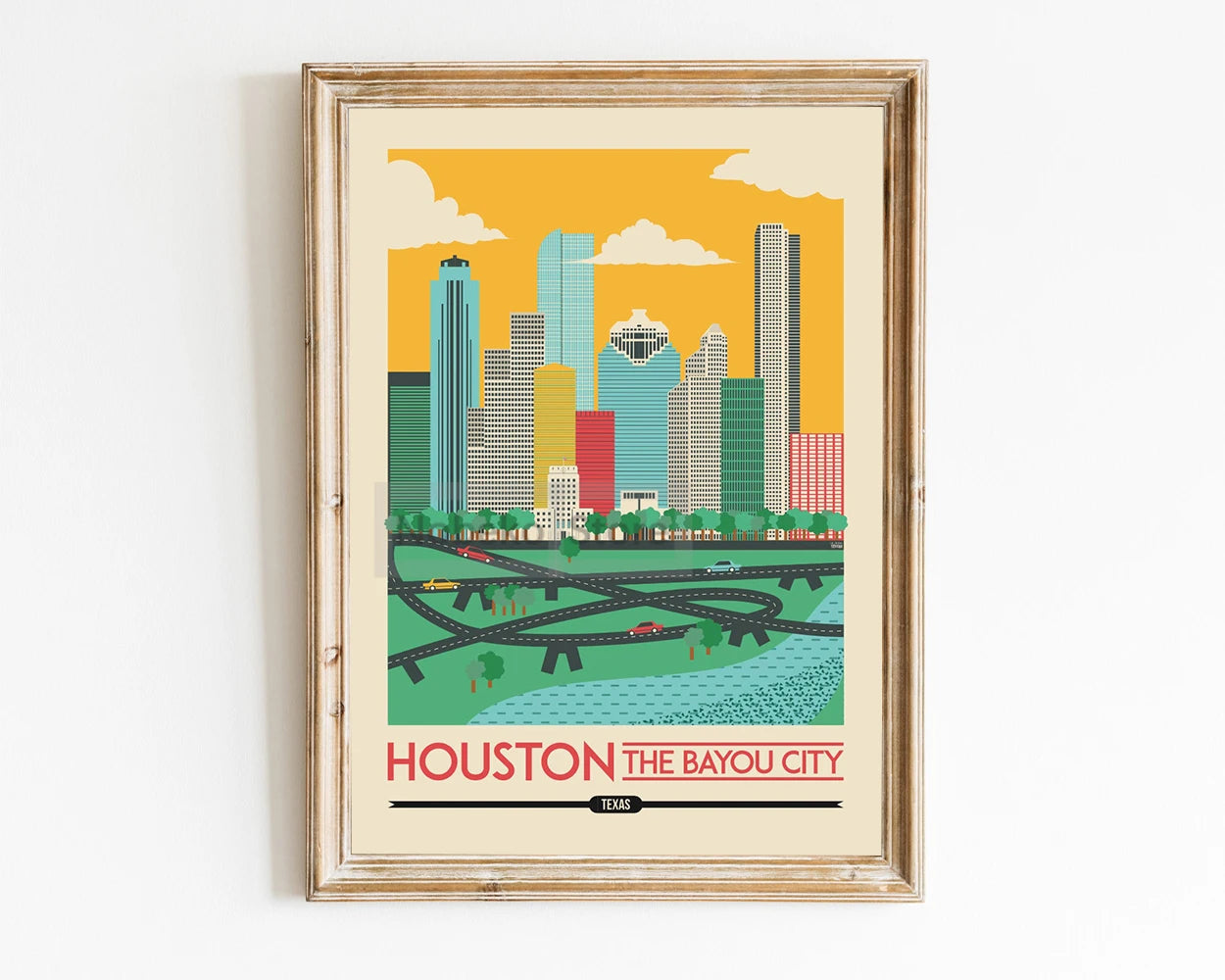 Affiche Houston, design vintage et moderne, capture la beauté chaleureuse de cette ville dynamique.