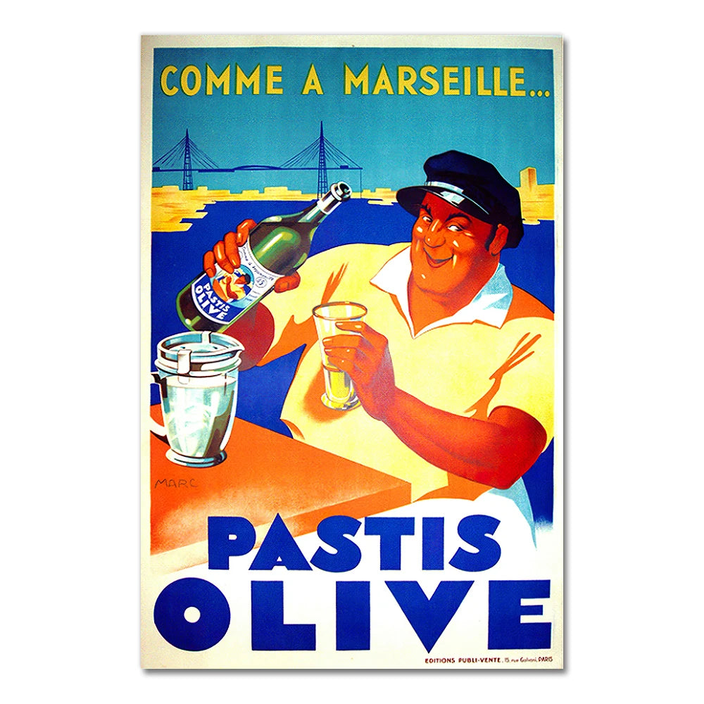 Affiche Marseille - Pastis Olive : art moderne vintage, charme chaleureux d’une ville ensoleillée.