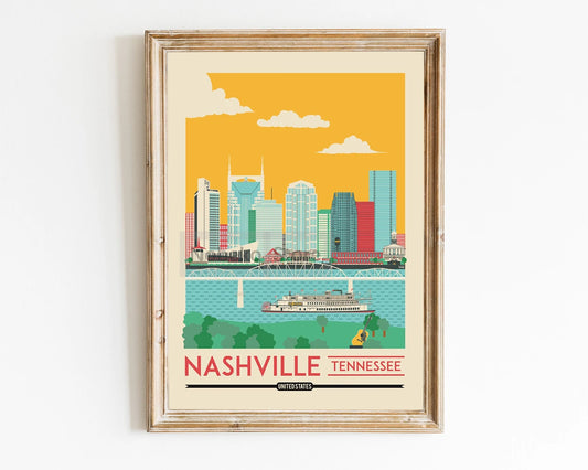 Affiche Nashville vintage : un design moderne avec le skyline vibrant et la rivière accueillante.