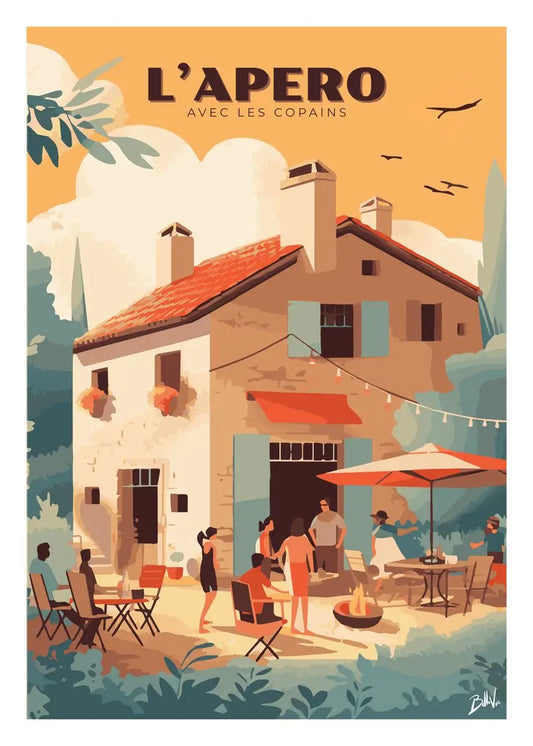 Affiche Sudiste - L'Apéro, vintage et moderne, capture l'amitié et les apéritifs chaleureux en ville.