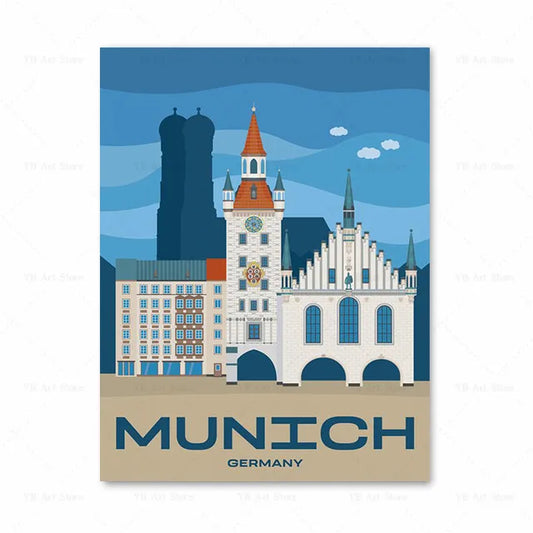 Affiche Munich : une beauté vintage, un design moderne célébrant l'architecture iconique de la ville.