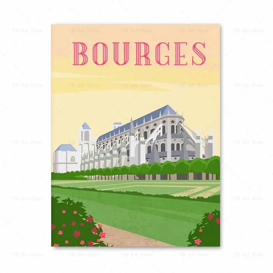 Affiche Bourges : ville vintage alliant architecture moderne et nature, parfaite pour une décoration chaleureuse.