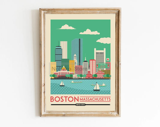 Affiche Boston : art moderne, design vintage, évoquant une ville chaleureuse et accueillante.