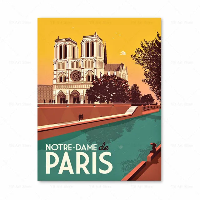 Affiche Notre-Dame de Paris, design vintage évoquant une atmosphère chaleureuse et moderne.