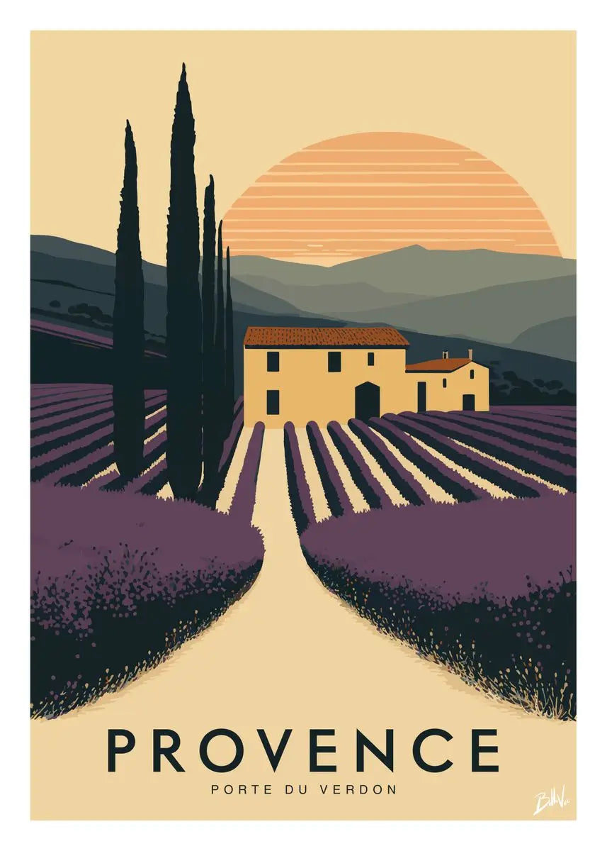 Affiche Provence vintage, art moderne et design, évoquant chaleur et douceur des paysages provençaux.