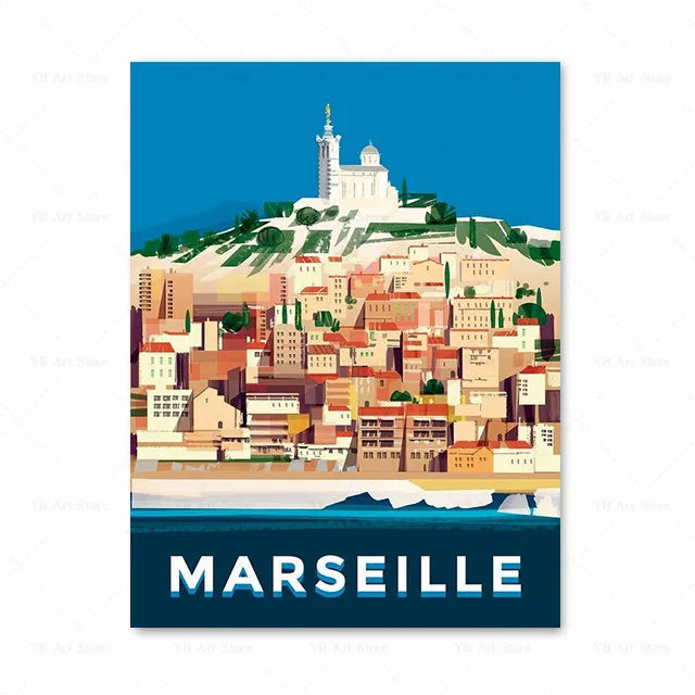 Affiche Marseille - Notre-Dame de la Garde, un design vintage qui évoque le charme de la ville.