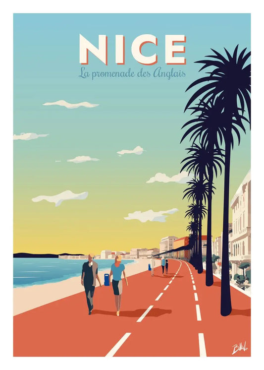 Affiche Nice - Une vision vintage et moderne de la Promenade des Anglais, design chaleureux.