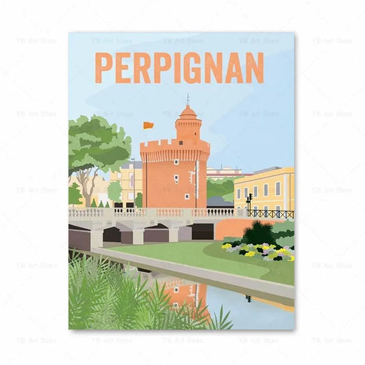 Affiche Perpignan, design moderne et vintage, capturant l'esprit chaleureux de la ville.