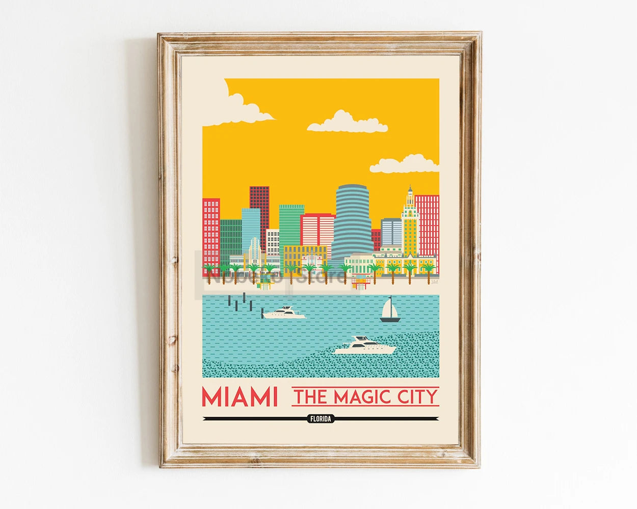 Affiche Miami, une œuvre vintage évoquant la magie moderne de la ville sous un ciel ensoleillé.