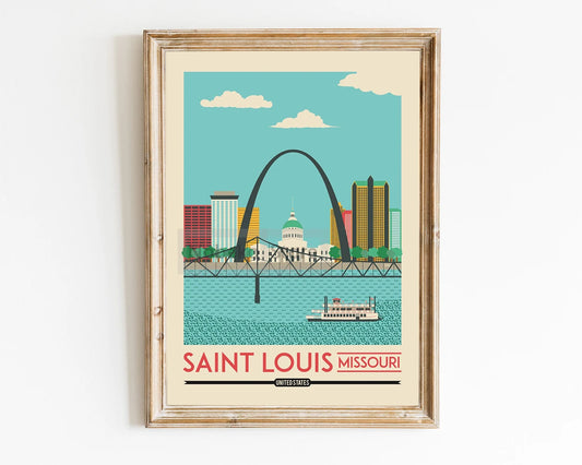 Affiche Saint Louis : un design vintage moderne capturant la Gateway Arch et la beauté de la ville.