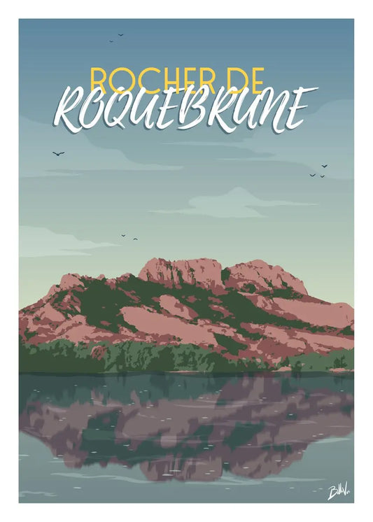 Affiche Rocher de Roquebrune, design moderne capturant la beauté vintage d'une ville paisible.