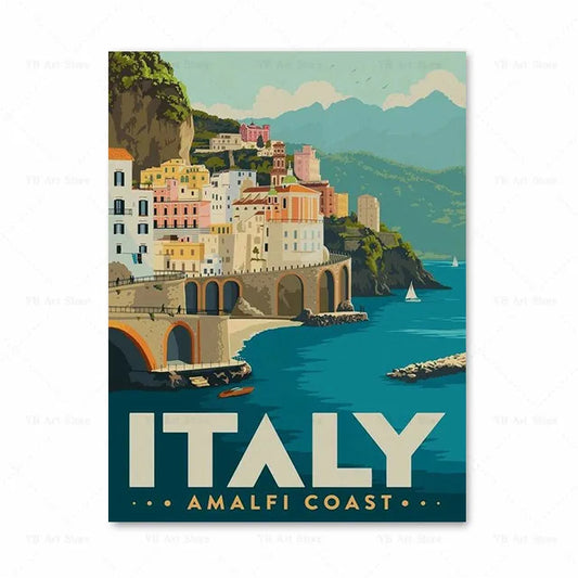 Affiche Côte Amalfitaine : affiche vintage moderne, design artistique évoquant la beauté italienne.