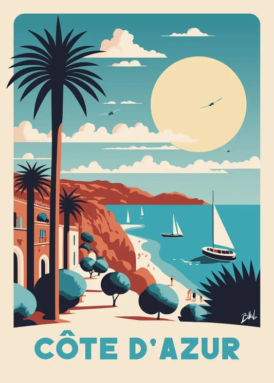 Affiche Côte d'Azur - Plage et voiliers : affiche vintage au design moderne, reflet d'une ville captivante.