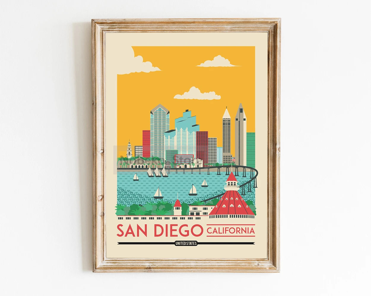 Affiche San Diego vintage, art moderne, design, évoquant chaleur et style dans votre décoration.