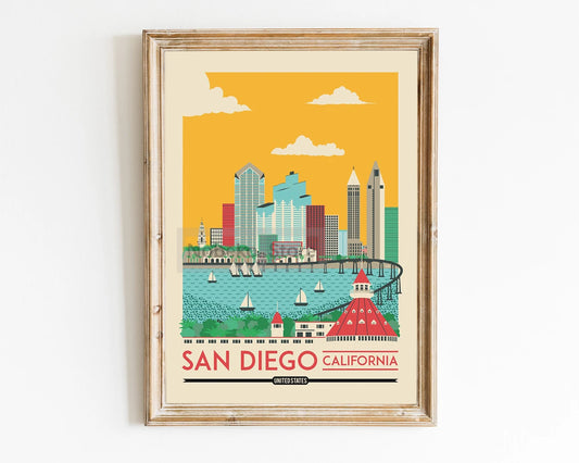 Affiche San Diego vintage, art moderne, design, évoquant chaleur et style dans votre décoration.