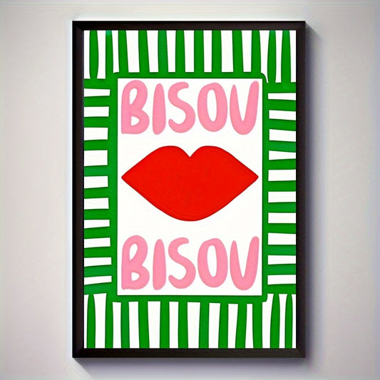 Affiche bisou bisou rétro minimaliste avec lèvres rouges, une touche vintage dans un décor élégant.